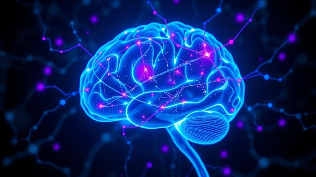Brain visualization showing glowing neural connections and synapses lighting up in blue and purple tones, abstract neuroscience illustration focusing on prefrontal cortex activation, photorealistic digital art
