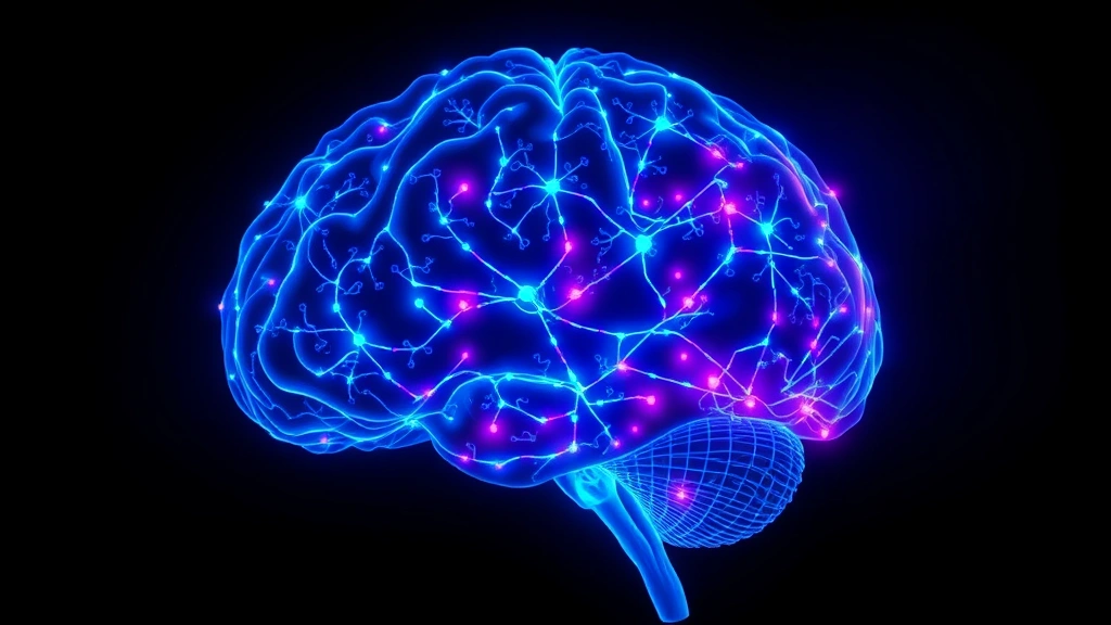 Brain scan visualization showing glowing neural pathways and synaptic connections lighting up in vibrant blue and purple colors against dark background, representing mindfulness neural plasticity and brain activation, photorealistic scientific imagery, no labels