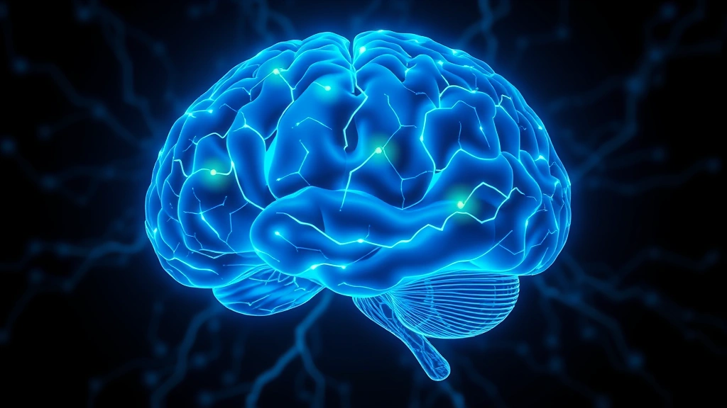 Brain illustration showing neural pathways lighting up in blue and green, representing mindfulness meditation effects on stress reduction and neuroplasticity, scientific medical visualization style