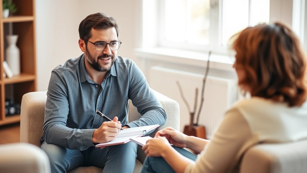 Individual in therapy session taking notes, professional counselor visible, warm therapeutic environment with natural light, genuine emotional engagement