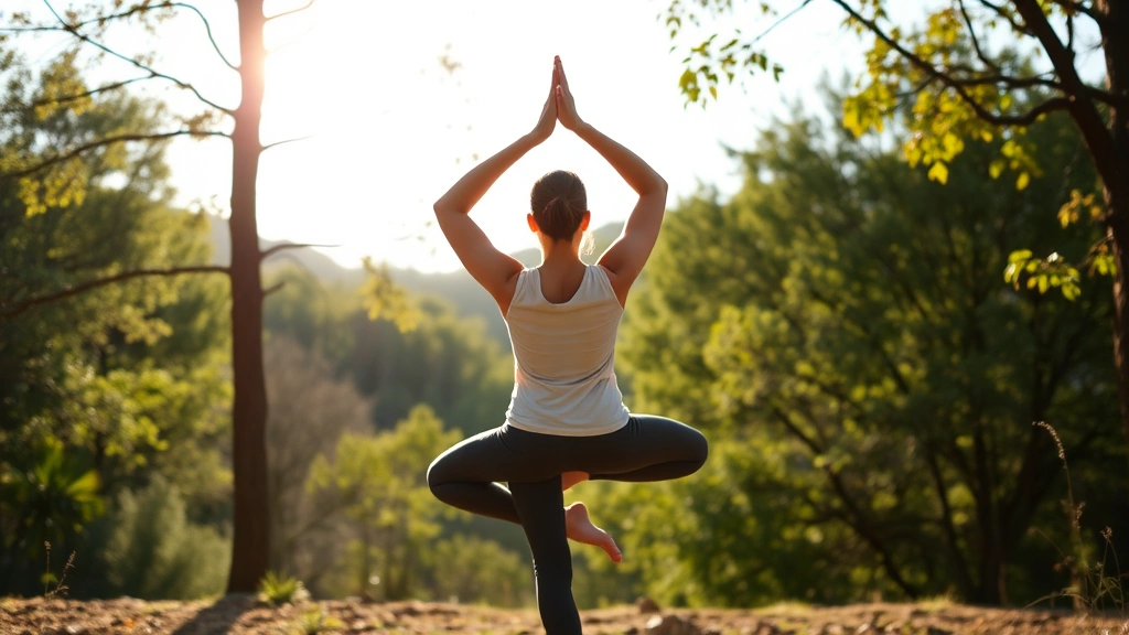 Person doing mindful movement or gentle yoga pose outdoors in nature, surrounded by trees and natural landscape, sunlight filtering through leaves creating peaceful ambiance