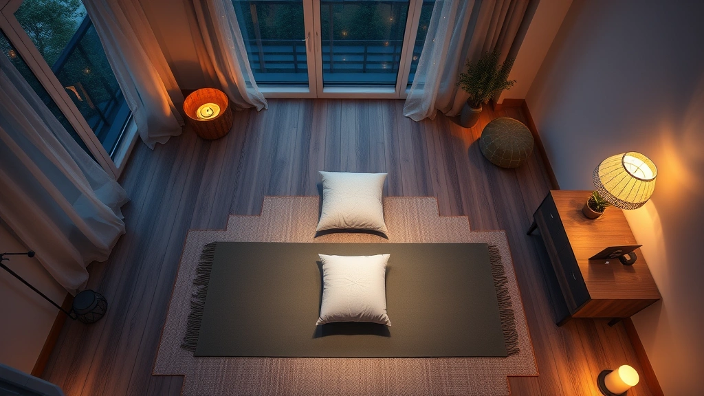 An overhead view of a meditation space with yoga mat, cushion, and peaceful bedroom environment at twilight, warm ambient lighting creating a serene atmosphere, photorealistic and inviting