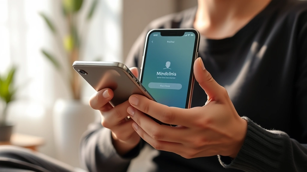 Close-up of hands holding smartphone with mindfulness app open, person in relaxed posture, soft natural sunlight, modern home setting with peaceful background