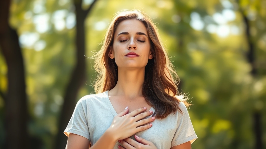 Woman practicing mindfulness breathing exercise outdoors on sunny day, hand on chest, eyes closed, natural park background with blurred foliage, peaceful serene expression, photorealistic wellness imagery