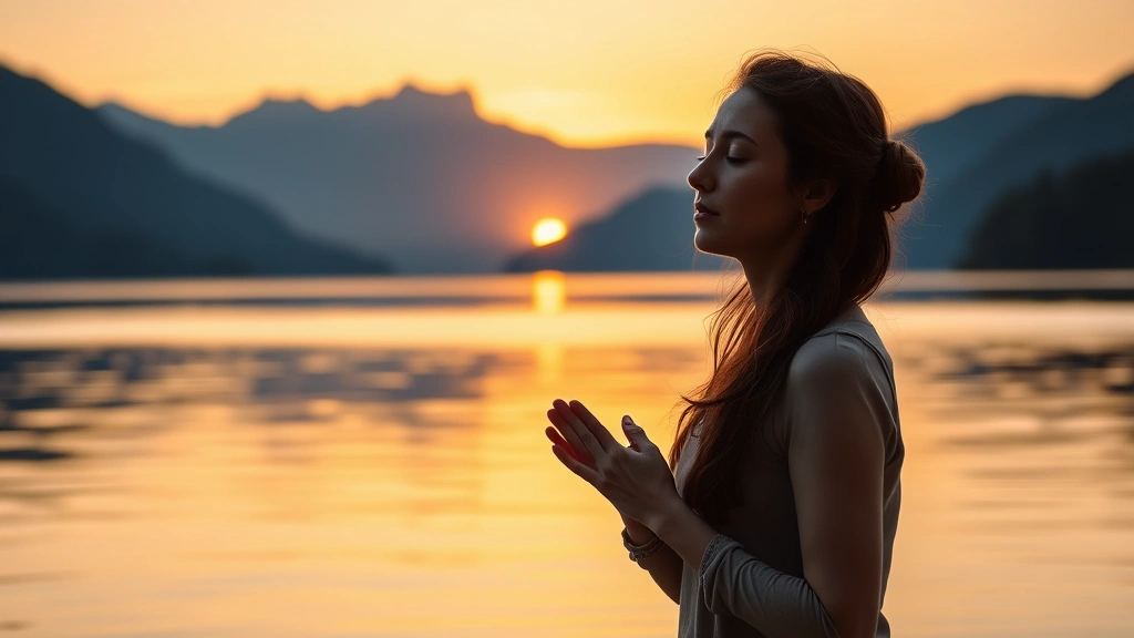 Woman practicing mindful breathing by a calm lake at sunset with mountains in background, peaceful expression, soft natural lighting, warm colors, serene water reflection, photorealistic wellness imagery, no text elements