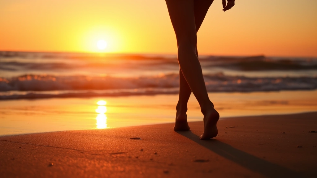 Silhouette of person walking barefoot on beach at sunset with waves gently rolling in background, peaceful golden hour lighting, representing mindful movement and grounding