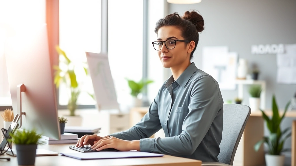 Professional in modern office environment appearing calm and focused at desk, bright natural lighting, organized workspace, embodying workplace wellness and mindful productivity benefits