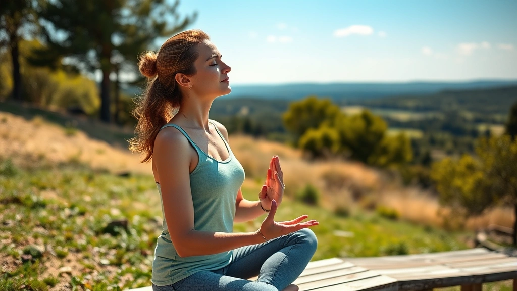 Woman practicing mindful breathing outdoors on sunny day, sitting peacefully on wooden bench overlooking nature landscape, shoulders relaxed, eyes closed, natural daylight streaming across face