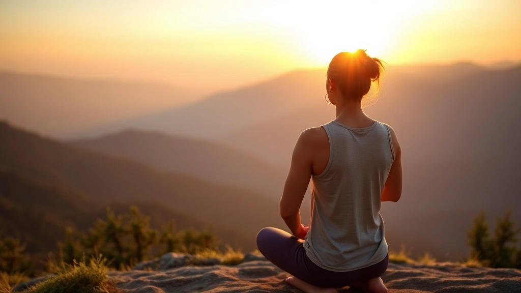 Person practicing mindful breathing outdoors on a mountain overlook at sunrise, hands resting on knees, peaceful expression, golden hour lighting, scenic landscape background, photorealistic