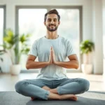 Person sitting cross-legged in serene meditation pose in modern sunlit room with soft natural light filtering through large windows, peaceful expression, wearing comfortable casual clothing, surrounded by minimalist decor with plants