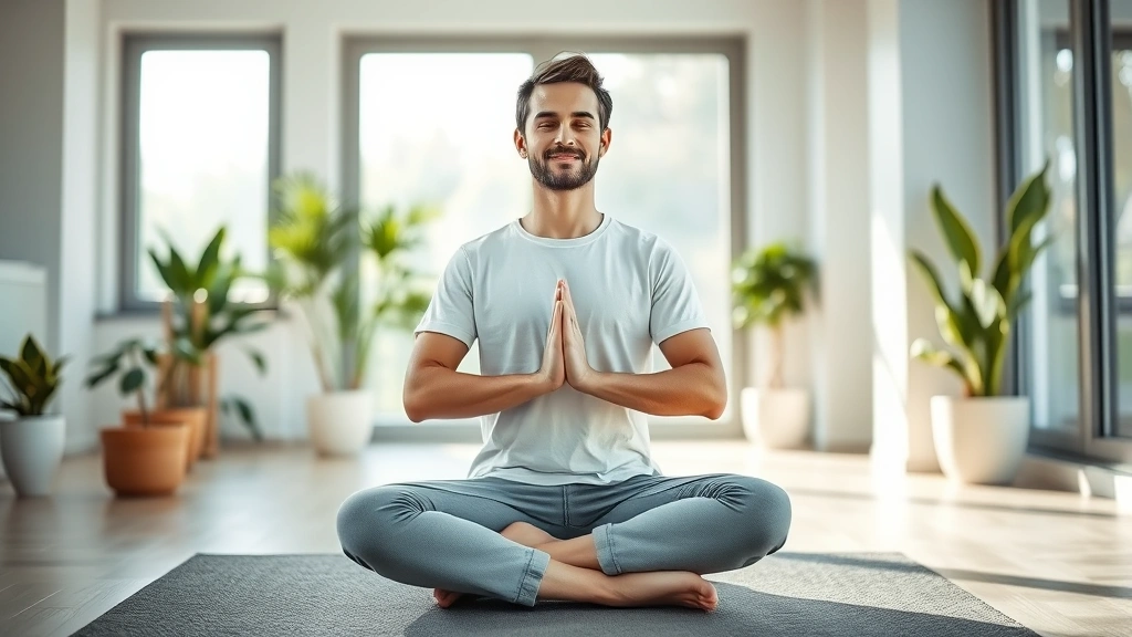 Person sitting cross-legged in serene meditation pose in modern sunlit room with soft natural light filtering through large windows, peaceful expression, wearing comfortable casual clothing, surrounded by minimalist decor with plants