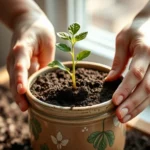 Person hands gently potting soil into a ceramic container with a green seedling, sunlight streaming through a window, close-up of soil texture and green leaves, peaceful indoor gardening moment