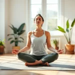 Person sitting peacefully in lotus position on a yoga mat in a serene sunlit room with plants and soft natural light, eyes closed in meditation with calm expression