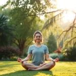 Person meditating peacefully in serene natural setting with soft morning light filtering through trees, calm expression, cross-legged position, peaceful garden environment