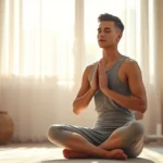 Person in peaceful meditation pose in serene bedroom environment with soft morning light filtering through curtains, calm facial expression, sitting cross-legged on floor, minimalist bedroom decor, photorealistic