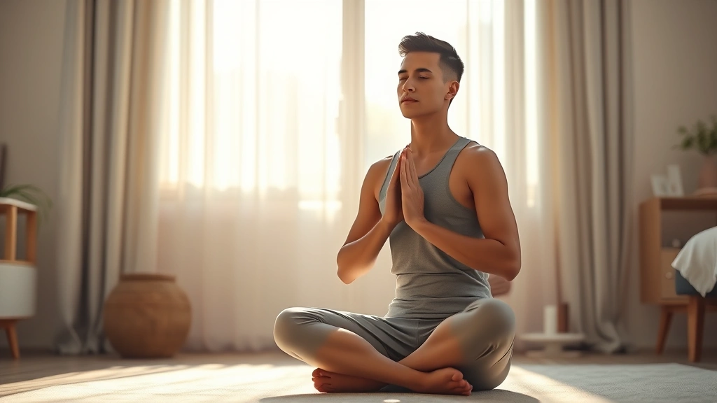 Person in peaceful meditation pose in serene bedroom environment with soft morning light filtering through curtains, calm facial expression, sitting cross-legged on floor, minimalist bedroom decor, photorealistic