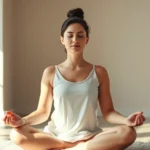 Person meditating in peaceful lotus position surrounded by soft natural light, serene facial expression, warm neutral tones, photorealistic, peaceful environment without any text or letters
