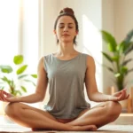 Serene person meditating in lotus position in a sunlit room with soft natural light streaming through windows, peaceful facial expression, calm indoor setting with plants