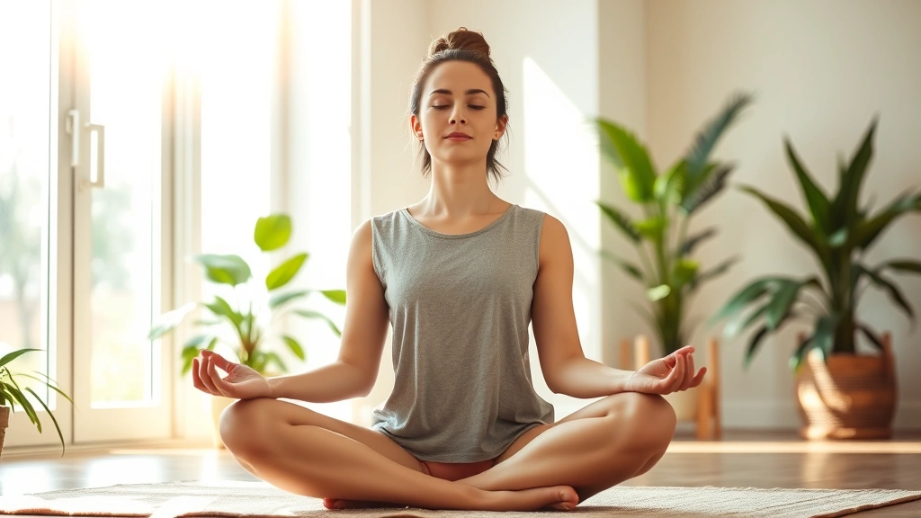 Serene person meditating in lotus position in a sunlit room with soft natural light streaming through windows, peaceful facial expression, calm indoor setting with plants
