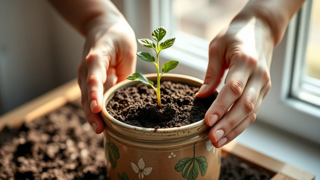 Person hands gently potting soil into a ceramic container with a green seedling, sunlight streaming through a window, close-up of soil texture and green leaves, peaceful indoor gardening moment