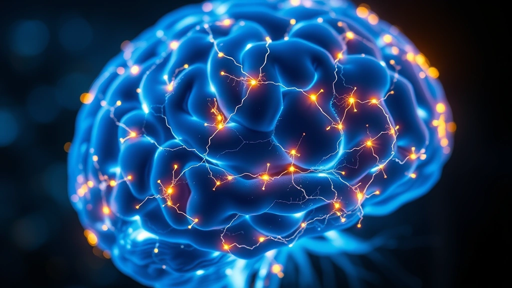 Close-up of human brain with glowing neural connections and pathways highlighted in blue and gold light, representing neuroplasticity and mindfulness benefits