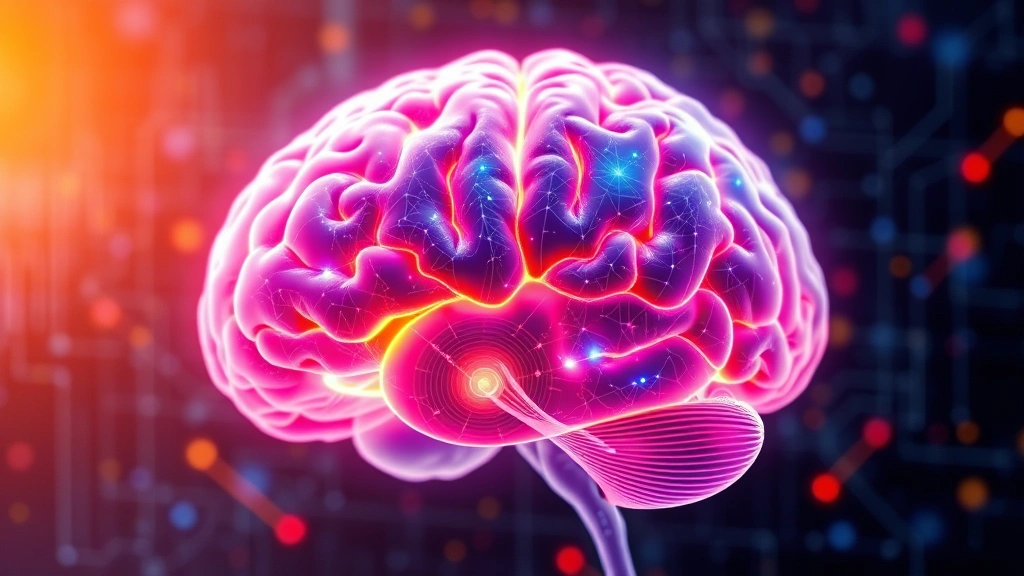 Brain scan visualization showing neural activity patterns, warm and cool colors representing different activation regions, abstract scientific representation of mindfulness effects on brain, high-tech laboratory aesthetic, photorealistic