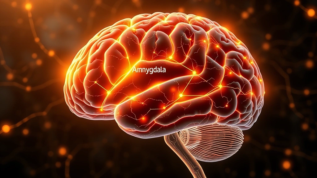 Brain illustration showing glowing neural pathways and connections, focused on prefrontal cortex and amygdala regions, warm golden light highlighting neural activity, scientific but artistic, no text labels