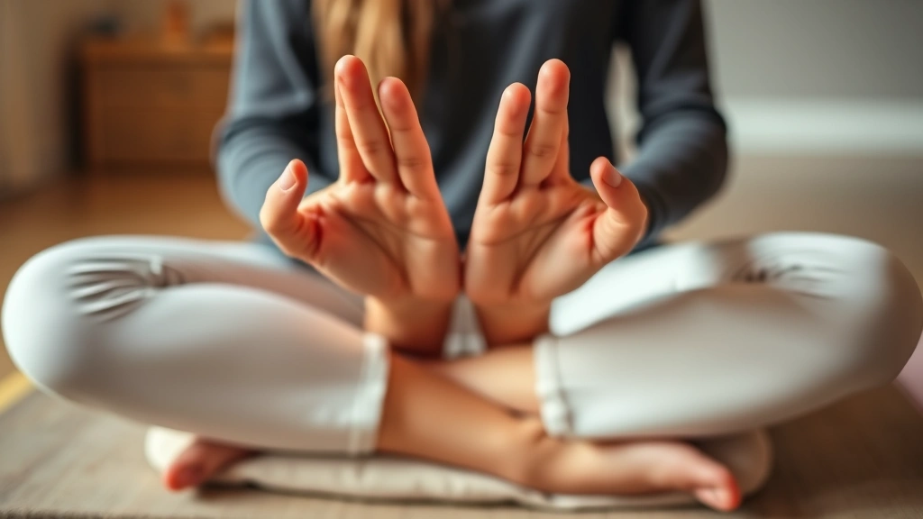 Close-up of hands in meditation mudra position, person sitting cross-legged on meditation cushion, soft warm lighting creating peaceful atmosphere, focused mindful posture
