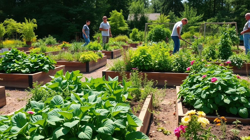 Wide shot of a lush community garden with raised beds, diverse plants growing, natural sunlight, people in background tending gardens, vibrant green foliage and flowers