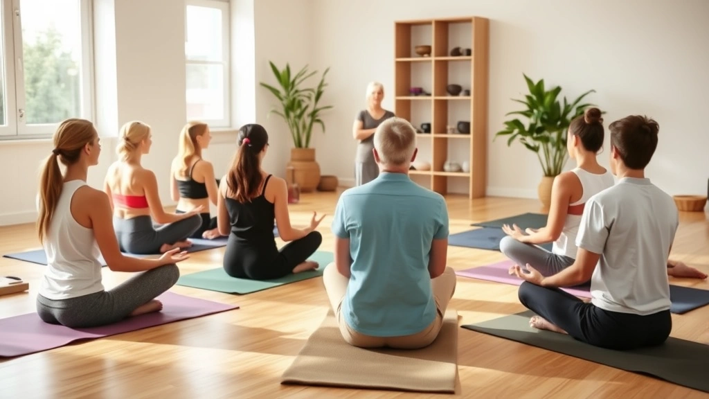 Group of diverse people in therapy or mindfulness class sitting in circle on yoga mats in bright wellness studio, engaged in guided meditation session with instructor, natural lighting, calm atmosphere