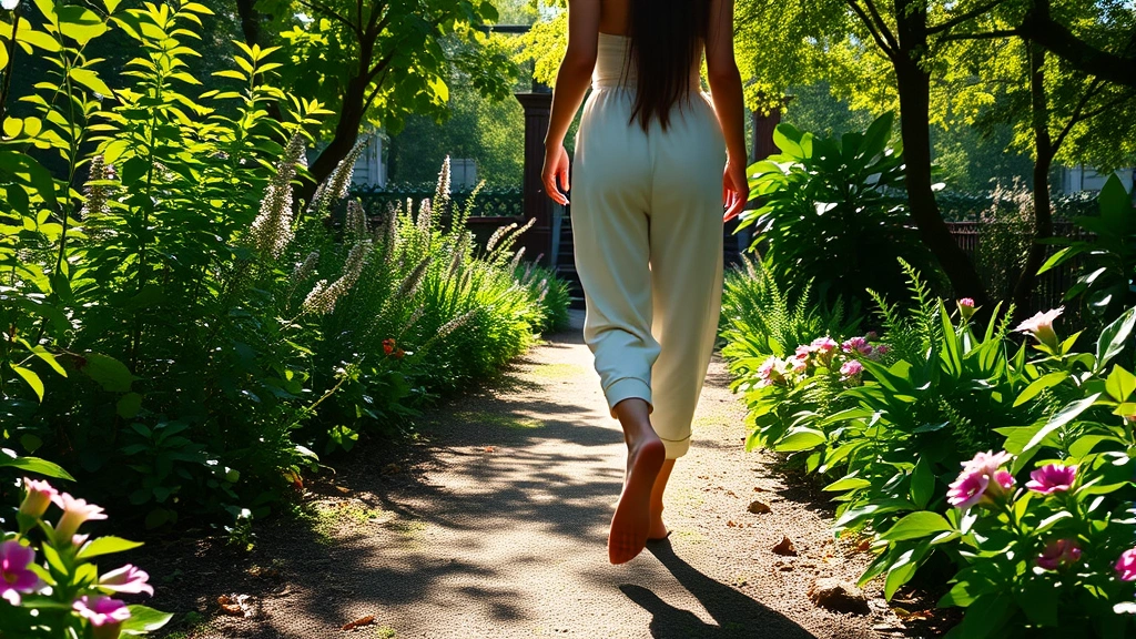 Woman practicing mindful walking barefoot in a peaceful garden surrounded by green plants and flowers, sunlight filtering through leaves creating dappled shadows on ground