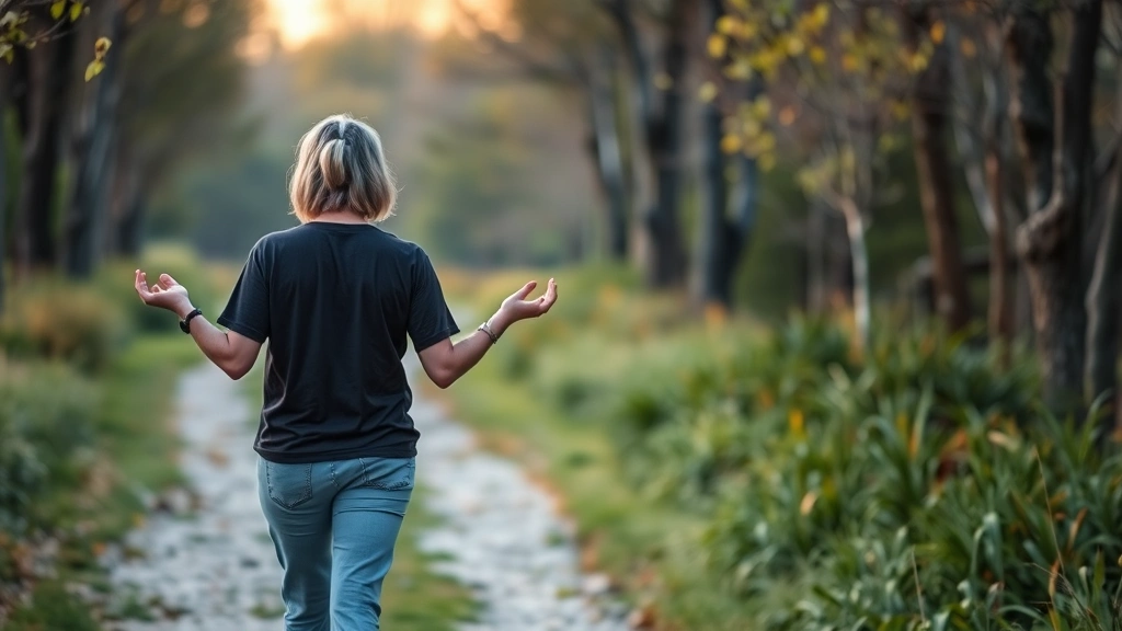 Individual performing mindful walking in nature, focus on peaceful expression and present-moment awareness, natural outdoor path with soft lighting, embodying calm acceptance