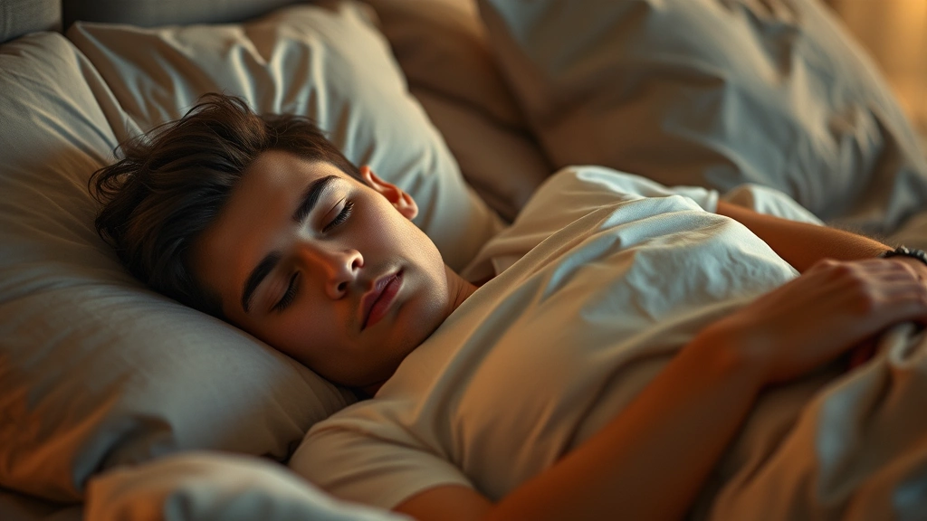 Individual lying in bed appearing relaxed and peaceful, eyes gently closed, soft bedding and pillows, warm ambient bedroom lighting creating tranquil atmosphere, early morning or evening setting, photorealistic