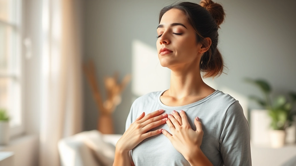 Woman practicing mindful breathing with hands on chest, eyes closed in concentration, soft natural daylight, calm expression, peaceful indoor setting, photorealistic, no text elements