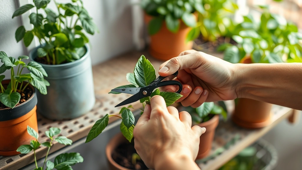 Close-up of someone's hands pruning plant leaves with gardening shears, surrounded by potted plants on a shelf, soft natural light, focused therapeutic gardening activity