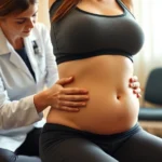 Female physical therapist performing pelvic floor assessment on postpartum patient in clinical setting, professional healthcare environment, anatomical focus on lower abdomen area, soft warm lighting, realistic medical setting