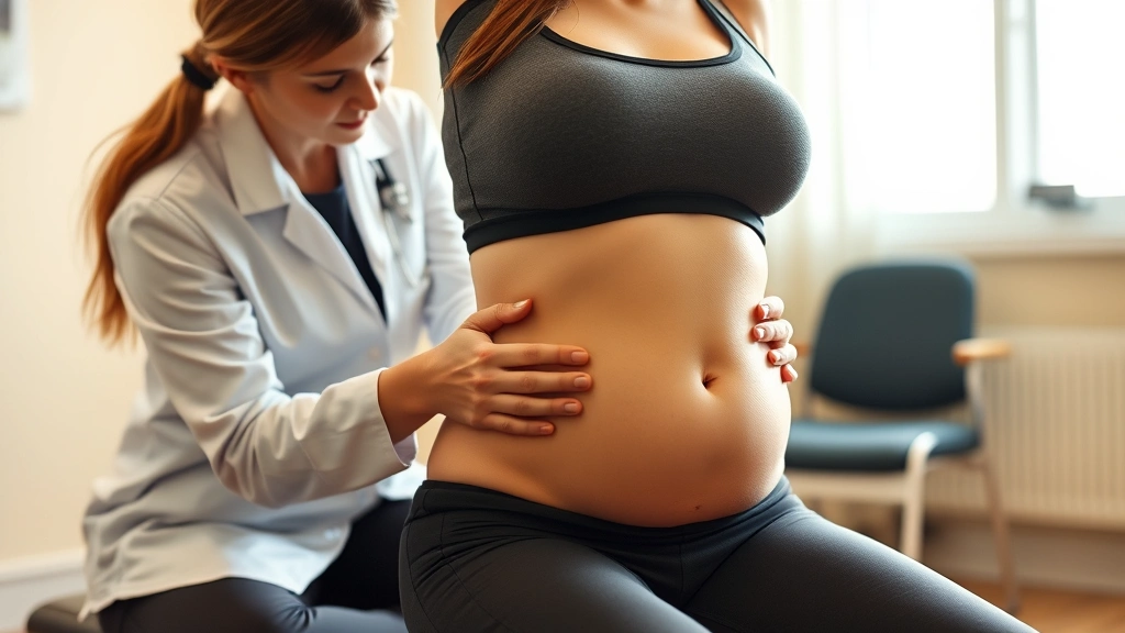 Female physical therapist performing pelvic floor assessment on postpartum patient in clinical setting, professional healthcare environment, anatomical focus on lower abdomen area, soft warm lighting, realistic medical setting