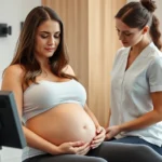 Pregnant woman receiving pelvic floor physical therapy assessment from female therapist in modern medical clinic, ultrasound equipment visible, supportive professional environment, natural lighting, realistic clinical setting