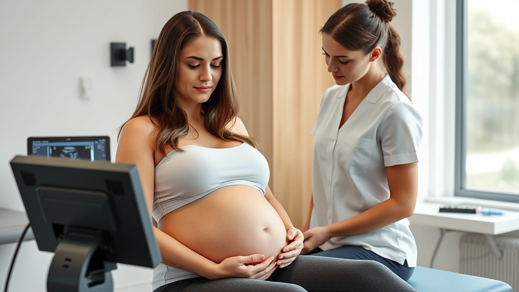 Pregnant woman receiving pelvic floor physical therapy assessment from female therapist in modern medical clinic, ultrasound equipment visible, supportive professional environment, natural lighting, realistic clinical setting