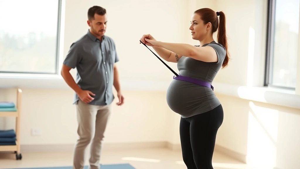 Postpartum patient doing standing balance and core stability exercise with resistance band, physical therapist observing proper form, bright clinical space, focused on posture and movement quality, realistic healthcare environment
