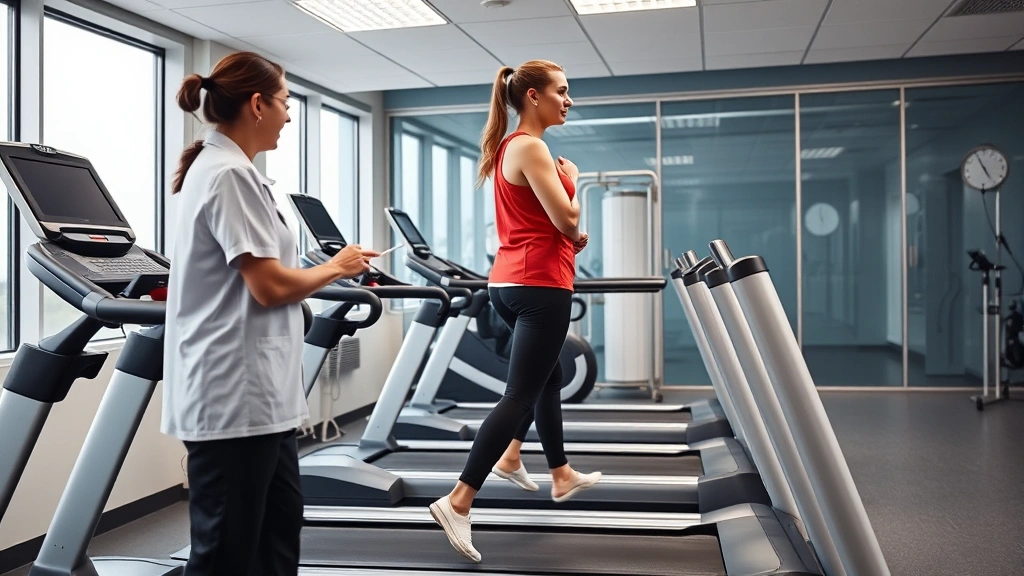 Female patient walking on treadmill during cardiovascular reconditioning session with physical therapist monitoring progress, modern rehabilitation facility, postpartum recovery focus, professional healthcare setting