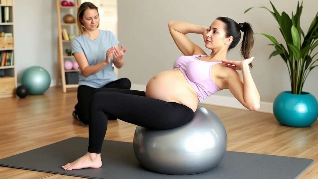 Pregnant or postpartum woman doing controlled core strengthening exercise on stability ball, demonstrating proper posture and breathing technique with therapist providing guidance in background