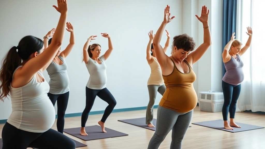 Diverse group of postpartum women in physical therapy session doing gentle strengthening exercises, supportive clinical environment, healing focus