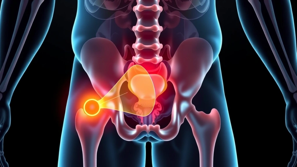 Medical illustration showing cross-section of proton beam trajectory through human pelvis with Bragg peak highlighted at prostate tumor location, surrounded by anatomical structures like bladder and rectum, clinical setting, photorealistic medical visualization