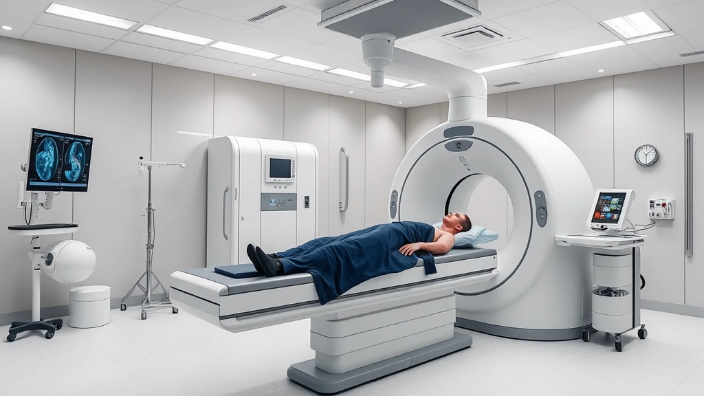 Modern proton therapy treatment room with advanced linear accelerator equipment, patient positioned on treatment table with imaging guidance system visible, hospital environment, clinical accuracy, photorealistic medical facility