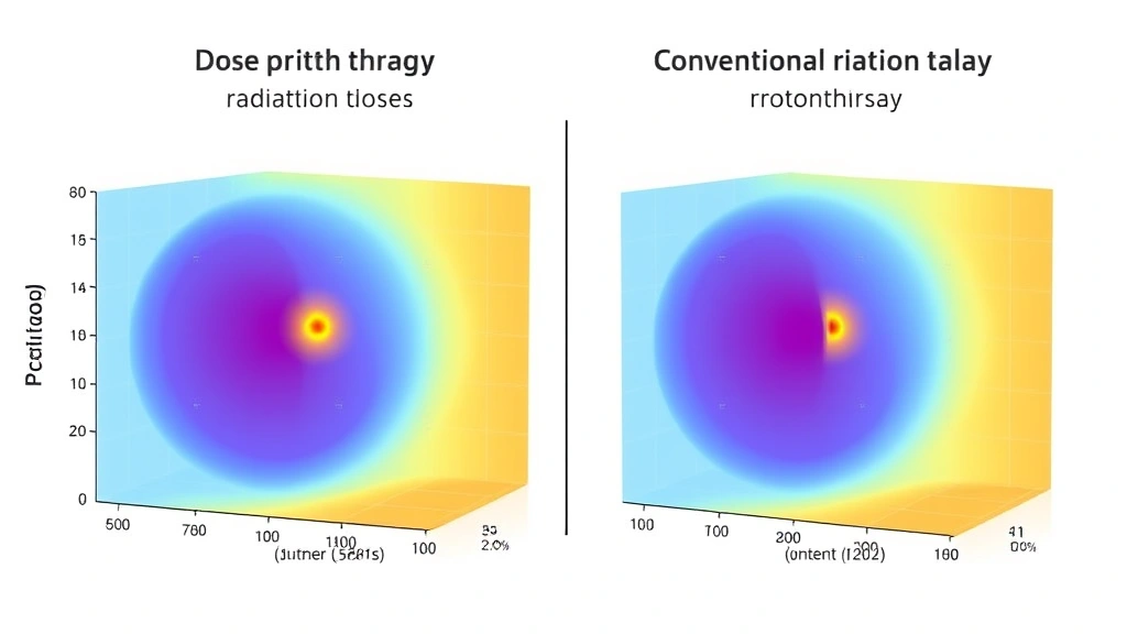 Comparison chart visualization showing dose distribution patterns between proton therapy and conventional radiation therapy in prostate cancer treatment, three-dimensional rendering of radiation dose gradients, medical education style, photorealistic scientific illustration
