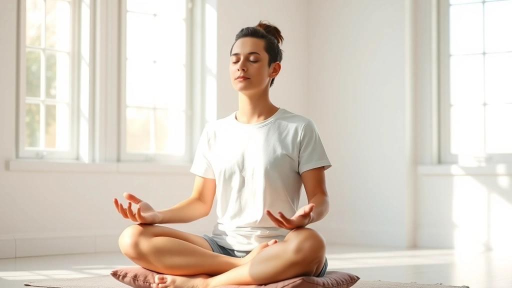 Person meditating peacefully in a bright, minimalist room with soft natural light streaming through windows, serene expression, cross-legged position on meditation cushion, photorealistic