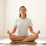 Person meditating peacefully in sunlit room with soft natural light, serene facial expression, sitting cross-legged on cushion, minimalist interior, photorealistic, no text or letters visible