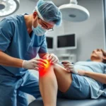Professional medical setting with a healthcare provider performing a platelet-rich plasma injection into a patient's knee joint, bright clinical lighting, sterile equipment visible, patient in comfortable position, photorealistic clinical atmosphere