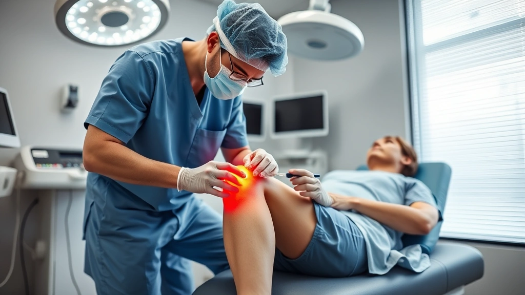 Professional medical setting with a healthcare provider performing a platelet-rich plasma injection into a patient's knee joint, bright clinical lighting, sterile equipment visible, patient in comfortable position, photorealistic clinical atmosphere
